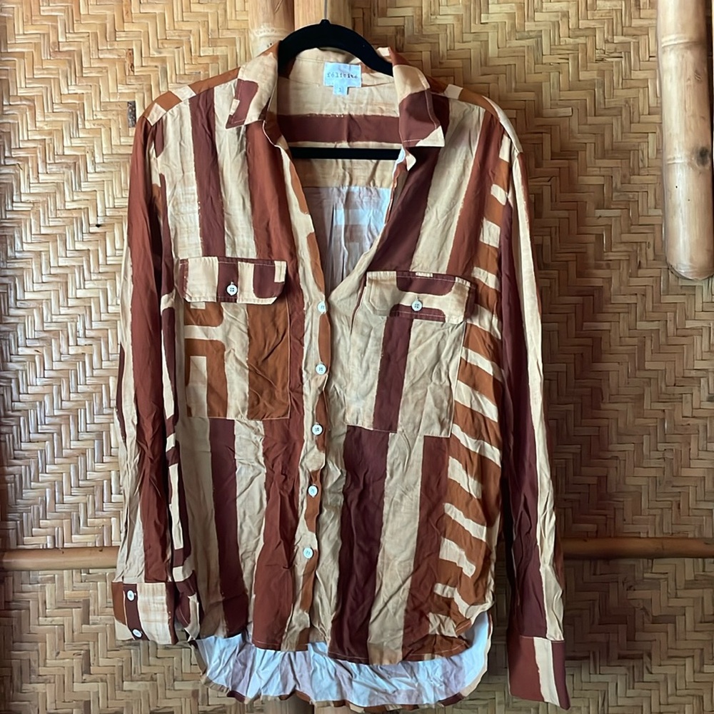 NWT Felicite tribal brown tan ethnic button down blouse XS